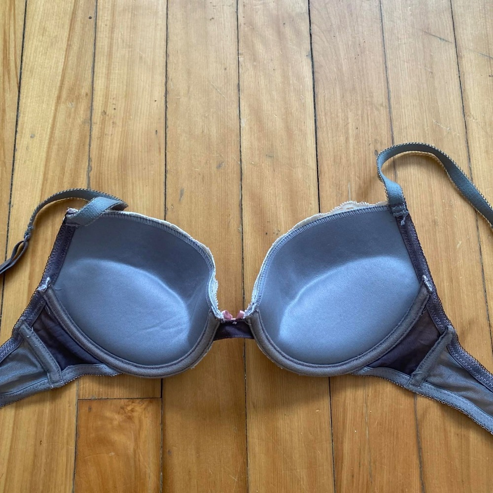 Grey Lace Padded Underwire Bra 34B Pink Bow Detail Blush